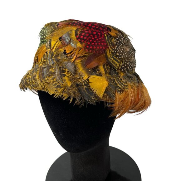 Vintage Women's Pheasant Feather Hat Cap Size 7 Retro 1940's Union Made in USA - Picture 1 of 8